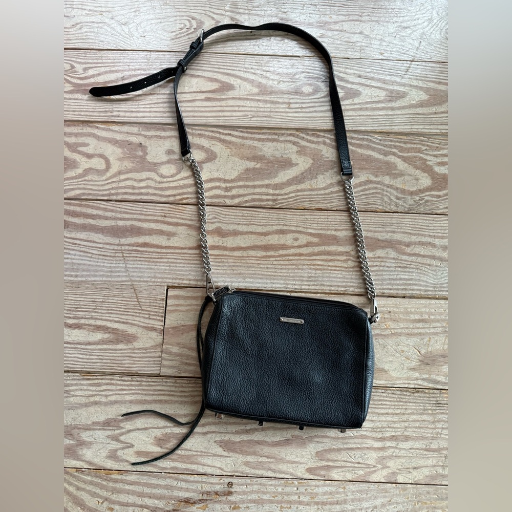 Rebecca Minkoff Mini 5-Zip black pebbled leather crossbody with a chain strap